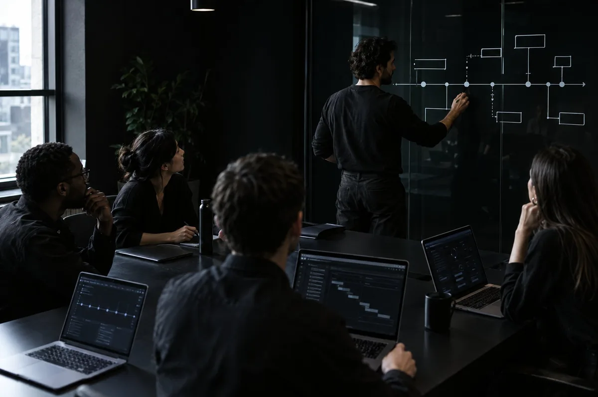 Illustrative scene of a team planning a launch in a dark meeting room