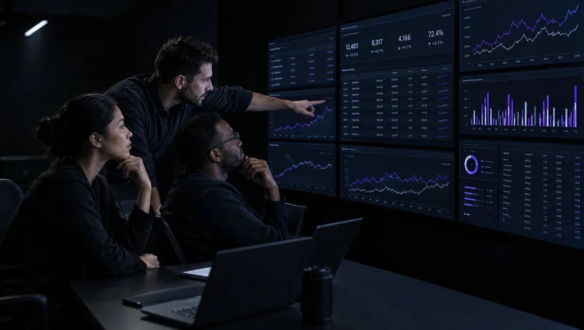Illustrative scene of an operator reviewing dashboards in a dark control room